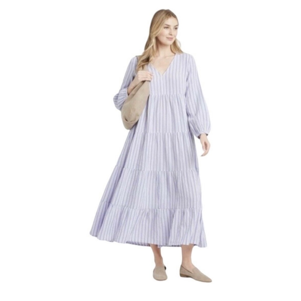Universal Thread Women's Long Sleeve Tiered Dress - Lilac & White Stripes